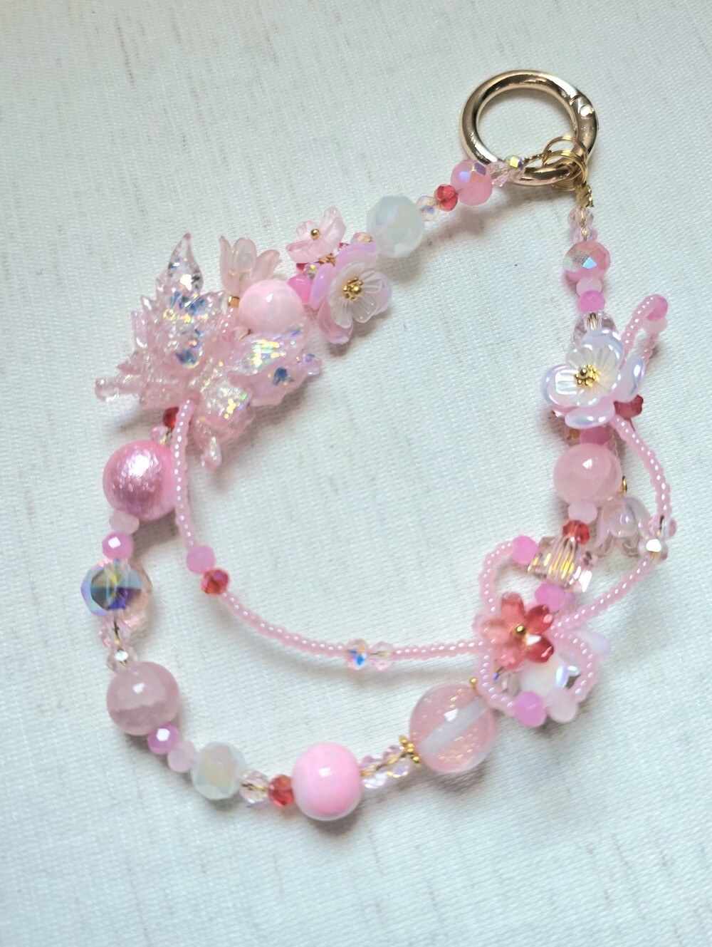 🌸🌷 Pink Floral Beaded Phone Charm or Bag Keychain Strap Purse Wristlet